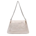 Minimalist beige quilted PU leather shoulder bag with metallic chain strap for women - White