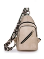 Chic off-white faux leather shoulder bag with colorful geometric woven strap - Khaki