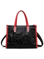 Elegante bolso de invierno en cuero lichi negro con bordes rojos y letras en relieve - Rojo