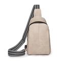 Chic beige textured faux leather crossbody bag with adjustable striped woven strap - Off-white