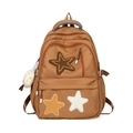 Brauner Canvas-Schulrucksack mit bunten Stern-Patches und süßem Plüsch-Anhänger - Khaki
