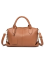 Caramel brown litchi leather Boston handbag with detachable shoulder strap for women - Brown
