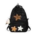 Schwarzer Damenrucksack aus Segeltuch mit bunten Stern-Patches und Plüschtier-Anhänger - Schwarz