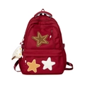 Winter wine red canvas backpack with plush star patches and side cloud pendant accessory - Red