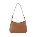 Borsa baguette marrone in pelle a mezzaluna con barra di metallo dorato su sfondo bianco - Marrone