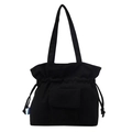 Borsa tote in velluto a coste nera con chiusura a coulisse e tasca frontale chic - Nero