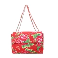 Borsa a tracolla in tela rossa con stampa floreale di rose e cinturini a catena - Borgogna