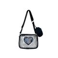 Minimalist transparent PVC crossbody bag with black heart patch and adjustable strap - Black