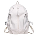 Minimalist beige nylon backpack featuring a vertical front zipper and black drawstring side pockets - White