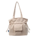 Winter stylish cream white corduroy crossbody tote bag with drawstring and front pocket - White