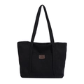 Minimalist black canvas tote bag with brown leather logo tag and dual shoulder straps - Black