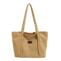 Khaki canvas tote bag with leather logo patch and shoulder straps for daily use - Yellow
