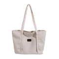 Minimalist cream beige canvas tote bag with brown leather brand patch and long shoulder straps - White
