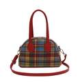 Fashionable half-round colorful plaid handbag with red leather handles and shoulder strap - Red