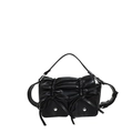 Black PU shoulder bag with pleated design and bow accents on white background - Black