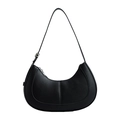 Chic black crescent crossbody bag in lychee pattern PU leather with silver metal buckle - Black