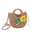 Borsa in paglia intrecciata a mano con fiore giallo e fodera marrone con coulisse - Cachi