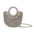 Borsa in paglia intrecciata bianco crema con ricami di margherite per le vacanze estive - Bianco