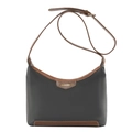 Modieuze nylon crossbody tas in zwart met bruine lederen bies en verstelbare riem - Grijs