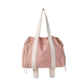 Pink fabric drawstring tote bag with off-white handles shown in a front view - Pink