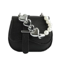 Sac à main chic en cuir noir à grain litchi avec chaîne cœur et anse perle - Noir