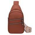 Sac bandoulière en cuir marron avec double zip et large sangle tissée géométrique - Khaki