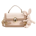 Minimalist beige and brown patchwork shoulder bag with cute plush bunny charm - Khaki With Pendant