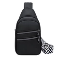 Fashionable black pebbled PU leather crossbody bag with geometric pattern wide strap - Black