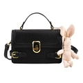 Chic black litchi pattern PU leather crossbody bag with cute white bunny charm - Black With Pendant