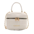 Weiße gesteppte quadratische PU-Lederhandtasche mit Goldkette und Fashion-Logo - Weiß