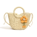 Borsa a tracolla in paglia color crema con fiore arancione e manico ad anello tondo - Beige Stile Cucitura Arcobaleno