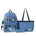 Three-piece light blue nylon backpack set with clear pocket and plush rabbit accessory - Blue