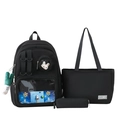 Black 3-piece nylon backpack set including a tote bag and pencil case with clear window - Black