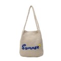 Sac fourre-tout en crochet beige avec broderie Summer bleue et fleur jaune - Blanc Cassé