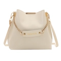 Elegante borsa a secchiello bianco crema con manico a catena dorata e scritta FASHION - Bianco
