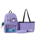 Purple nylon school backpack set of three with clear window and plush bunny charm - Purple