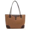 Brown large capacity oxford tote bag with leather handles and flap closure for women - Brown