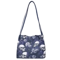 Borsa tote in Oxford blu scuro con teschi bianchi, fiori viola e sottili tracolle - Blu
