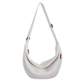 Schicke beige Halbmond-Umhängetasche aus Nylon mit schwarzem Gurt und orangefarbenem Label - Weiß