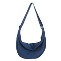 Minimalist navy blue crescent nylon crossbody bag with adjustable wide strap and orange label - Dark Blue