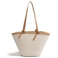 Modieuze handgeweven shopper met bruine handvatten en crèmewitte gestructureerde stof - Stijl 1 / Wit