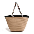Handgeweven kaki draagtas met zijden sjaalhandvat en decoratieve houten kralen - Stijl 2 / Khaki