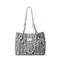 Schultertasche aus blaugrauem Tweed mit Fransen und bunter Perlenkette für Damen - Blau mit Anhänger