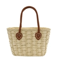 Sac fourre-tout tissé minimaliste blanc crème avec lanières en cuir marron et cœur - Blanc Cassé