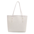 Fashionable white woven PU leather tote bag with gold rivets and top handle design - White
