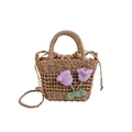 Mini-Stroh-Handtasche in Hellbraun mit lila Häkel-Tulpen und zusätzlichem Schultergurt - Lila Blume Khaki