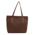 Brown PU leather tote bag with woven texture and gold rivets on the shoulder strap - Brown