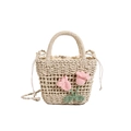 Handgewebte Stroh-Handtasche in Cremeweiß mit rosa gehäkelten Tulpenblumen-Dekorationen - Blume Beige