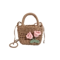 Khaki Strohhandtasche mit rosa Häkel-Tulpen und verstellbarem Crossbody-Schultergurt - Rosa Blume Khaki