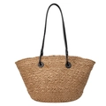 Grand sac cabas en paille avec lanières en cuir noir pour plage et déplacements quotidiens - Kaki